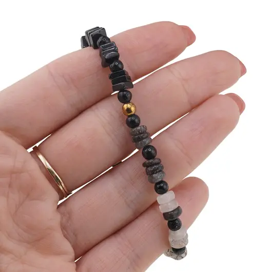 Set colier si bratara Cuart turmalinat rondele 5mm, Turmalina patratele 5mm si sfere 4mm, Hematit auriu, imagine 4