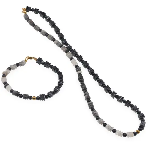 Set colier si bratara Cuart turmalinat rondele 5mm, Turmalina patratele 5mm si sfere 4mm, Hematit auriu