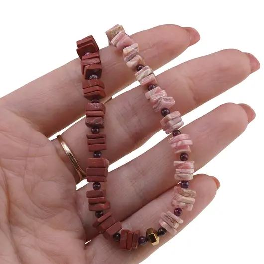 Set colier si bratara Jasp rosu si Rodocrozit patratele 6mm, Granat sfere 3mm si Hematit auriu, imagine 5