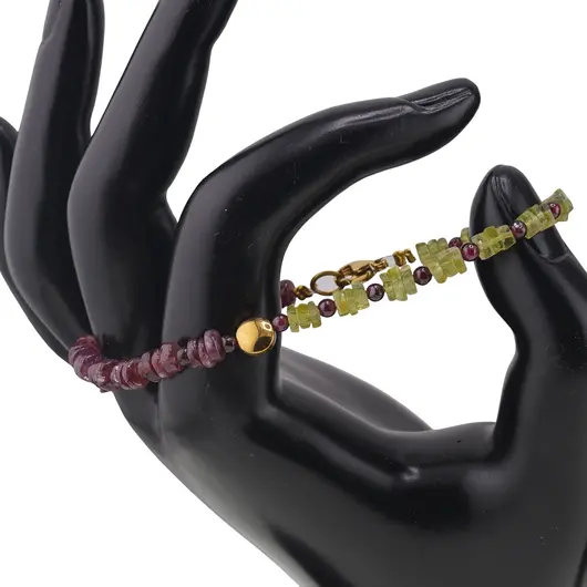 Set colier si bratara Peridot patratele 5mm, Granat rhodolit rondele 5mm si sfere 3mm, Hematit auriu, imagine 2