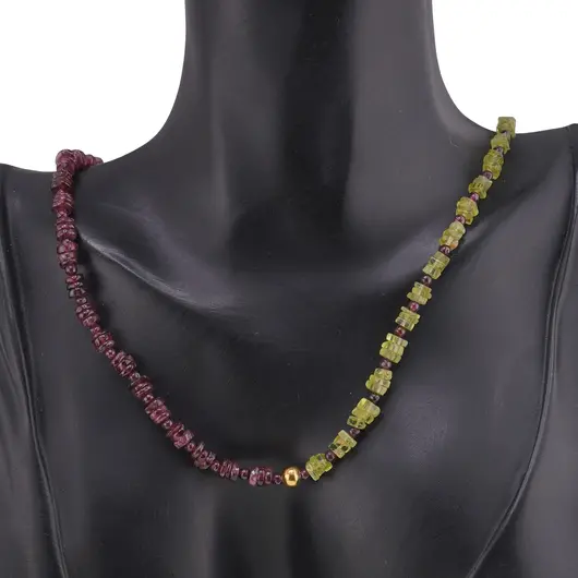 Set colier si bratara Peridot patratele 5mm, Granat rhodolit rondele 5mm si sfere 3mm, Hematit auriu, imagine 3