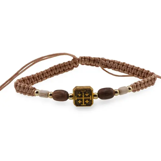 Bratara reglabila pe snur crem, cruce aurie si lemn, imagine 2