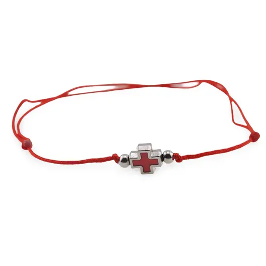 Bratara reglabila pe snur cu element central cruce rosie si bumbi argintii, imagine 2