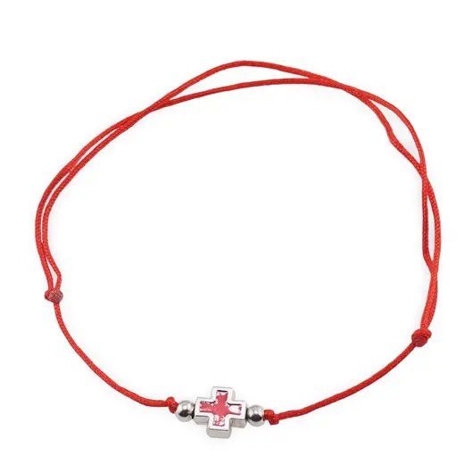 Bratara reglabila pe snur cu element central cruce rosie si bumbi argintii