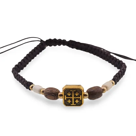 Bratara reglabila pe snur maro, cruce aurie si lemn, imagine 2
