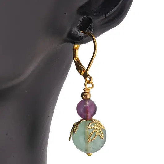 Cercei cu agatatoare Fluorit sfere si flori aurii, 6-10mm, imagine 2