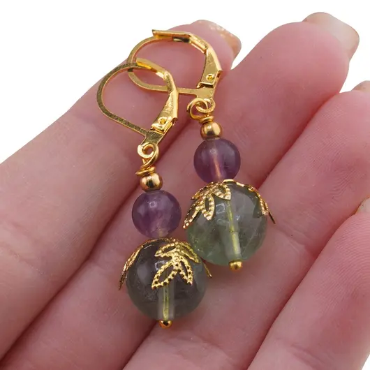 Cercei cu agatatoare Fluorit sfere si flori aurii, 6-10mm, imagine 3