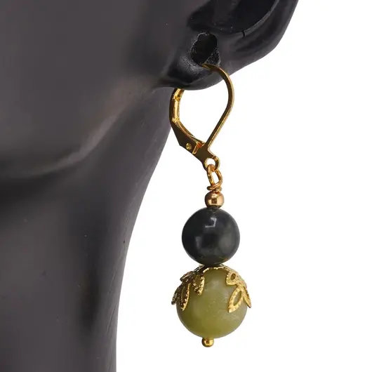 Cercei cu agatatoare Jad nefrit sfere si flori aurii, 8-10mm, imagine 2