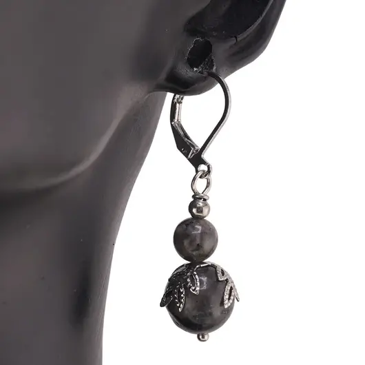 Cercei cu agatatoare Larvikit sfere si flori argintii, 6-10mm, imagine 2