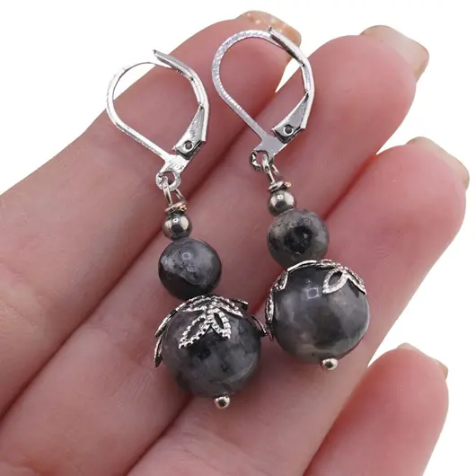 Cercei cu agatatoare Larvikit sfere si flori argintii, 6-10mm, imagine 3