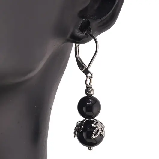 Cercei cu agatatoare Obsidian sfere si flori argintii, 8-10mm, imagine 2