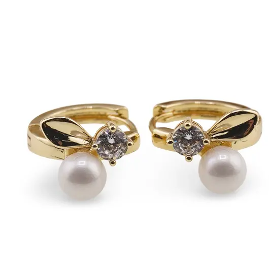 Cercei din cupru placat cu aur galben 18k, model cu frunza, Perla si Zirconiu, imagine 2