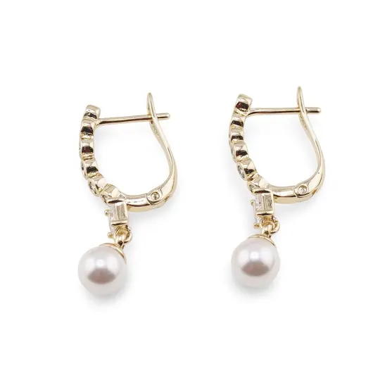 Cercei din cupru placat cu aur galben 18k, model ondulat cu Zirconiu alb si Perla, imagine 2