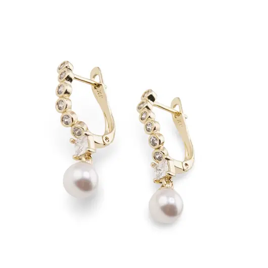 Cercei din cupru placat cu aur galben 18k, model ondulat cu Zirconiu alb si Perla