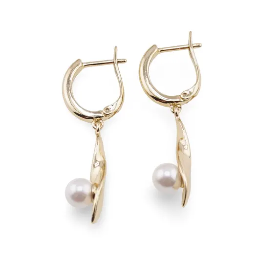 Cercei din cupru placat cu aur galben 18k, model rasucit cu Perla, imagine 2