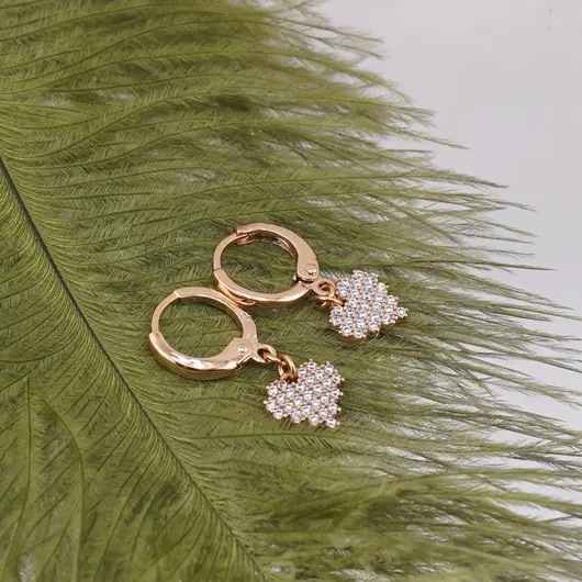 Cercei din cupru placat cu aur rose 18k, inima incrustata cu zirconii, imagine 2