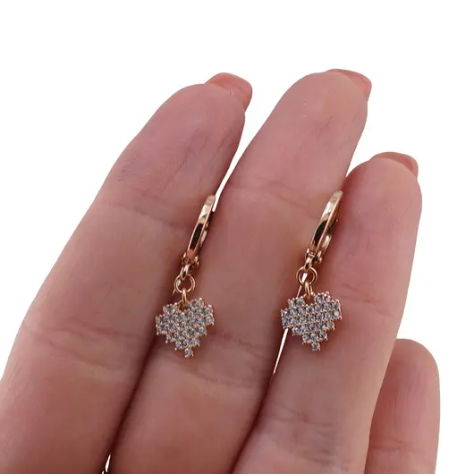 Cercei din cupru placat cu aur rose 18k, inima incrustata cu zirconii, imagine 3