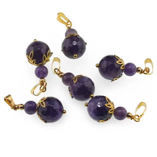 Pandantiv Ametist sfere si flori aurii, 6-12mm, imagine 2