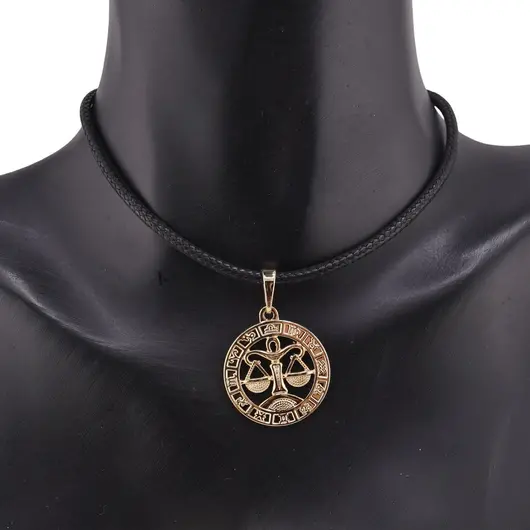 Pandantiv din cupru placat cu aur galben 18k, model rotund cu zodia Balanta, imagine 2