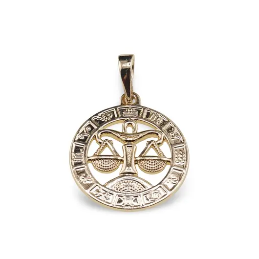 Pandantiv din cupru placat cu aur galben 18k, model rotund cu zodia Balanta