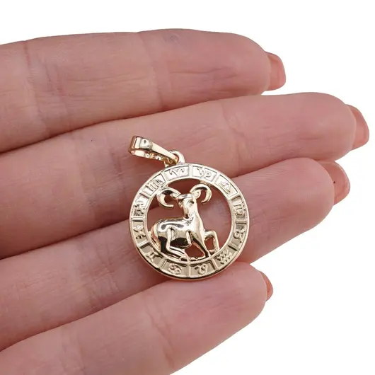 Pandantiv din cupru placat cu aur galben 18k, model rotund cu zodia Berbec, imagine 3