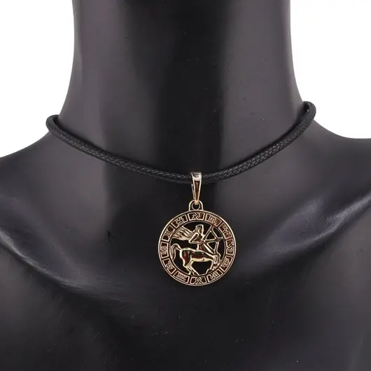 Pandantiv din cupru placat cu aur galben 18k, model rotund cu zodia Sagetator, imagine 2