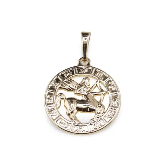 Pandantiv din cupru placat cu aur galben 18k, model rotund cu zodia Sagetator