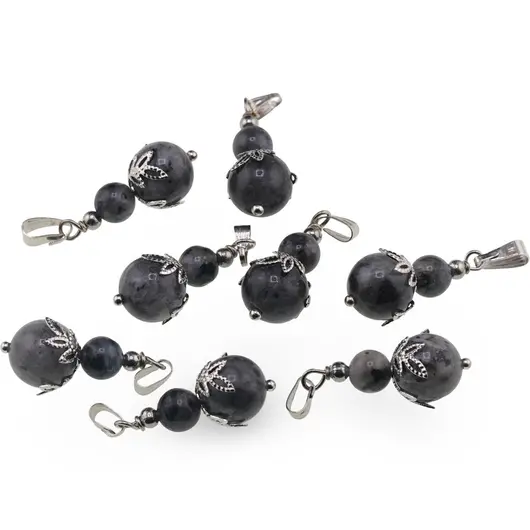 Pandantiv Larvikit sfere si flori argintii, 6-10mm, imagine 2