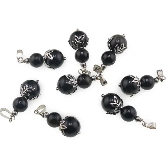 Pandantiv Obsidian auriu sfere si flori argintii, 8-10mm, imagine 2