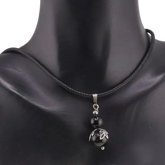 Pandantiv Obsidian auriu sfere si flori argintii, 8-10mm, imagine 3