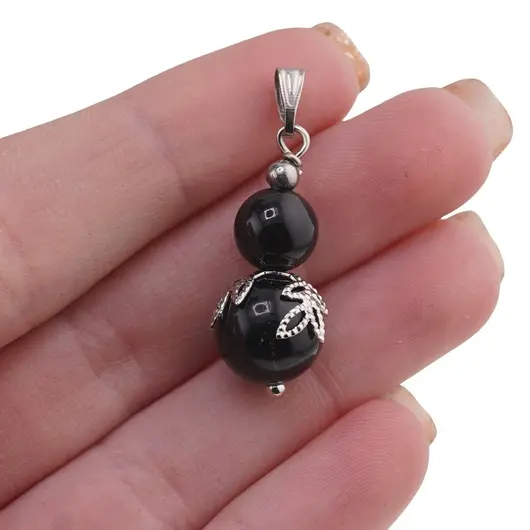 Pandantiv Obsidian auriu sfere si flori argintii, 8-10mm, imagine 4