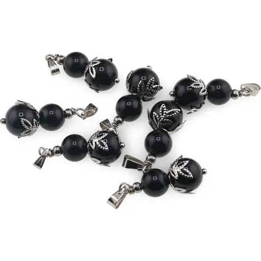 Pandantiv Obsidian sfere si flori argintii, 8-10mm, imagine 2