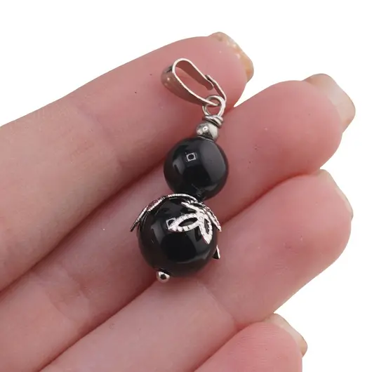 Pandantiv Obsidian sfere si flori argintii, 8-10mm, imagine 4