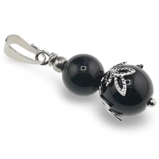 Pandantiv Obsidian sfere si flori argintii, 8-10mm