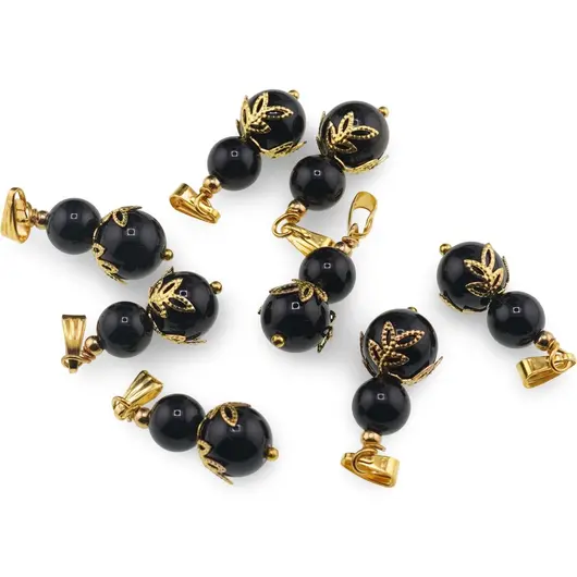 Pandantiv Obsidian sfere si flori aurii, 8-10mm, imagine 2