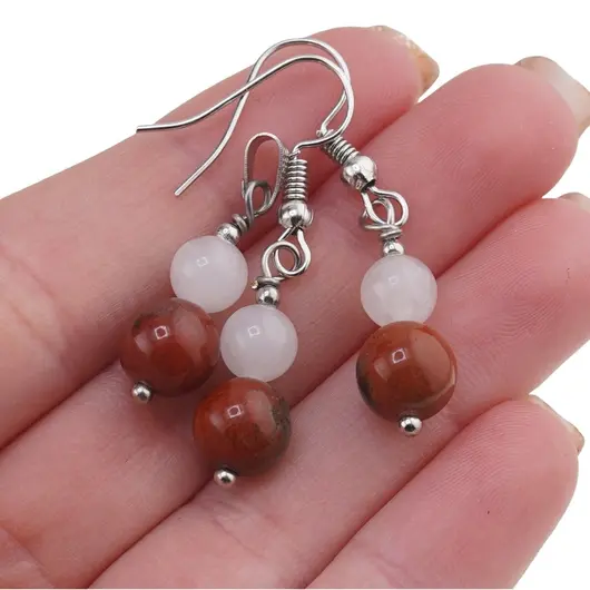 Set cercei si pandantiv Cuart roz si Jasp rosu sfere, 6-8mm, imagine 3