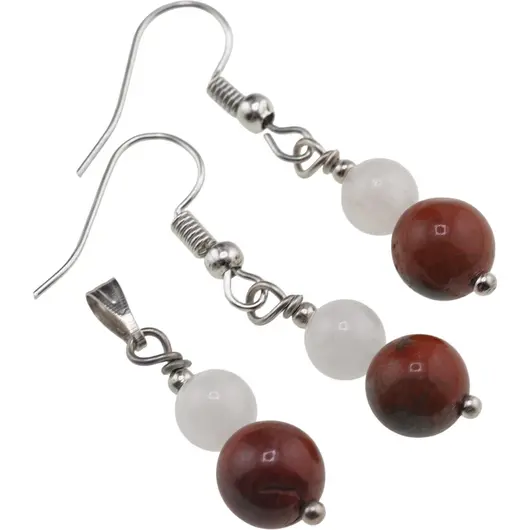 Set cercei si pandantiv Cuart roz si Jasp rosu sfere, 6-8mm