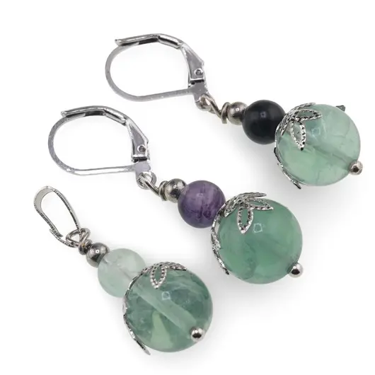 Set cercei si pandantiv Fluorit sfere si flori argintii, 6-10mm