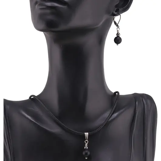 Set cercei si pandantiv Hematit si Onix negru mat sfere, 4-8mm, imagine 2