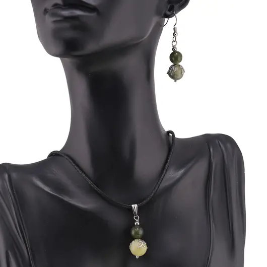 Set cercei si pandantiv Jad nefrit sfere si flori argintii, 8-10mm, imagine 2