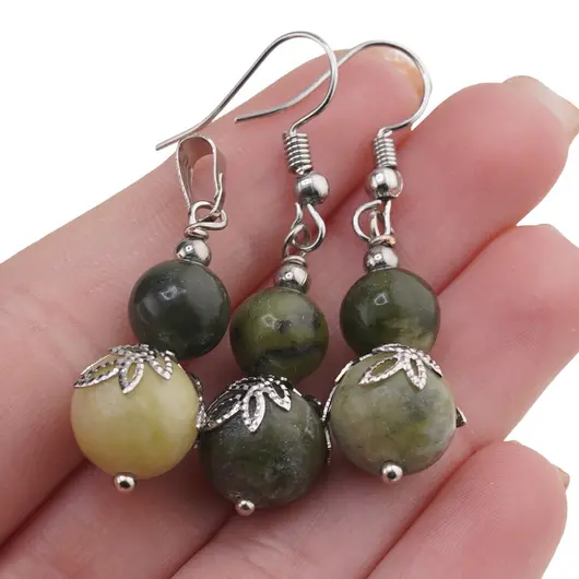 Set cercei si pandantiv Jad nefrit sfere si flori argintii, 8-10mm, imagine 3