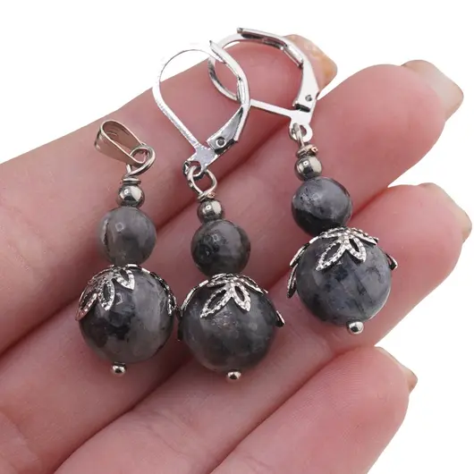 Set cercei si pandantiv Larvikit sfere si flori argintii, 6-10mm, imagine 3