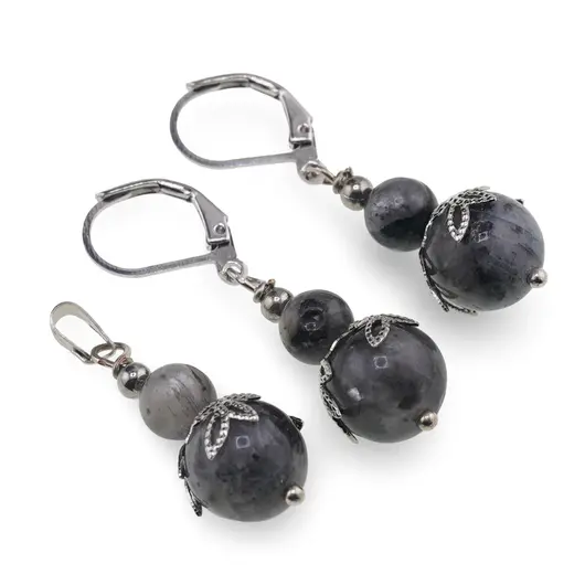 Set cercei si pandantiv Larvikit sfere si flori argintii, 6-10mm