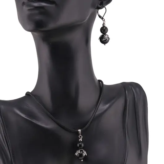 Set cercei si pandantiv Obsidian auriu sfere si flori argintii, 8-10mm, imagine 2