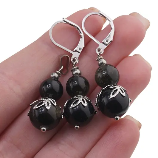 Set cercei si pandantiv Obsidian auriu sfere si flori argintii, 8-10mm, imagine 3