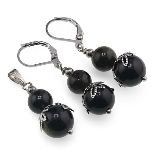 Set cercei si pandantiv Obsidian auriu sfere si flori argintii, 8-10mm