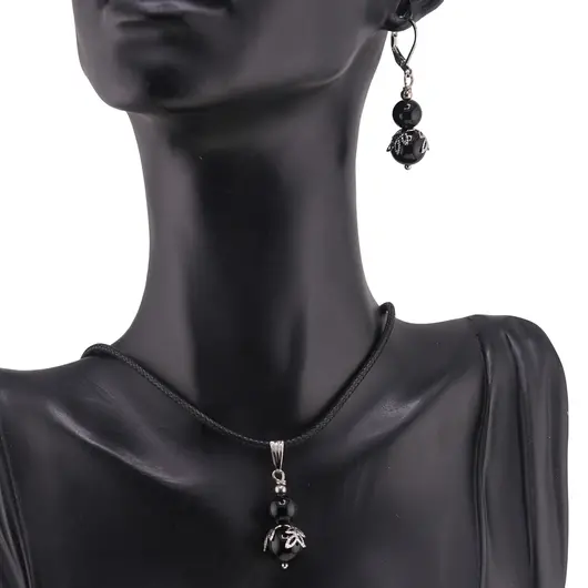 Set cercei si pandantiv Obsidian sfere si flori argintii, 8-10mm, imagine 2