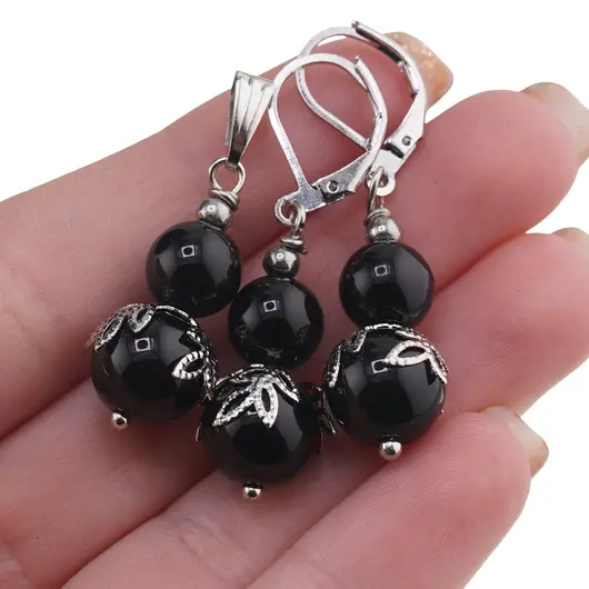 Set cercei si pandantiv Obsidian sfere si flori argintii, 8-10mm, imagine 3