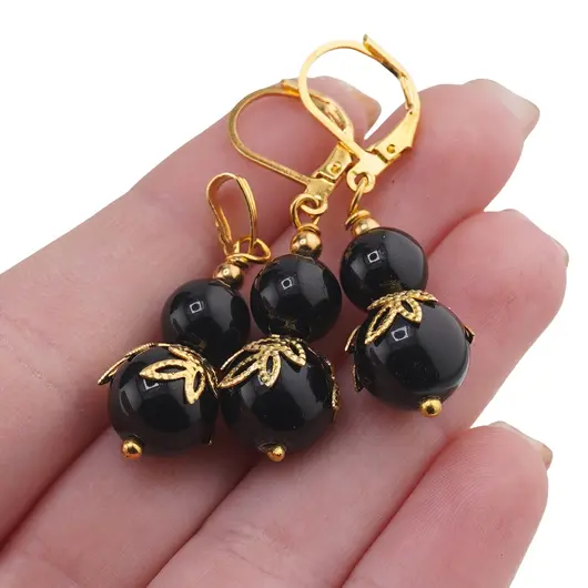 Set cercei si pandantiv Obsidian sfere si flori aurii, 8-10mm, imagine 3