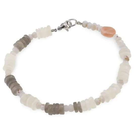 Bratara Calcedonie discuri fatetate 4mm, Piatra Lunii gri si Cuart fumuriu discuri 6mm si Piatra Lunii piersica banut 8mm